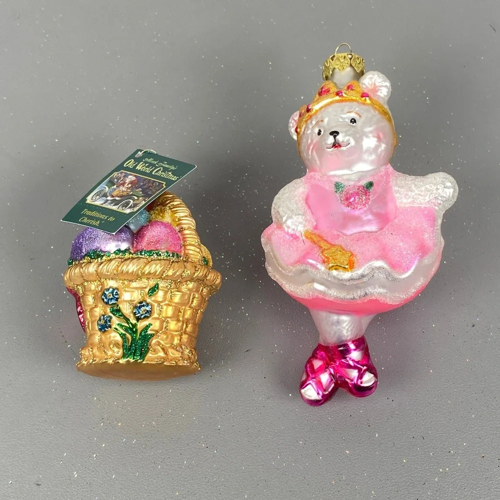 Old World Christmas Glass Holiday Ornaments Ballerina Bear & Easter Basket Set